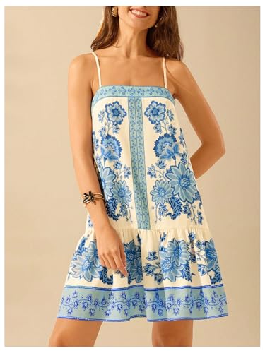 Image of SHENHE Women's Floral Sundress Ruffle Hem Spaghetti Strap Loose Flowy Boho Cami Dress