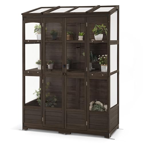 MCombo Wooden Greenhouse, Walk-in Outdoor Greenhouse with Openable Roof and Lockable Door, 0899 (Brown)