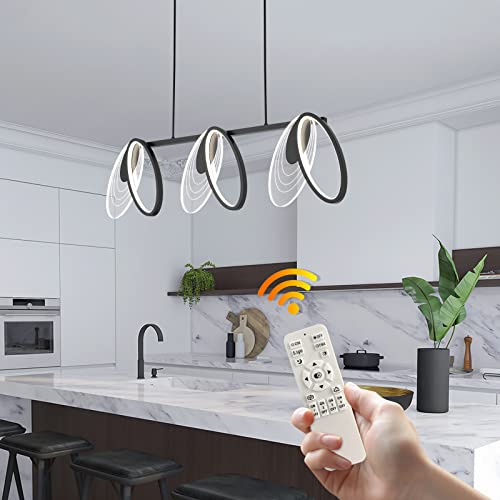 GEADI Lampade a Sospensione Moderne, Lampada a Sospensione Lineare Cucina Dimmerabile 3 Luci Lampadario a LED con Paralumi Ovali, Lampada a Sospensione Nera per Camera da Letto Sala da Pranzo, 42W