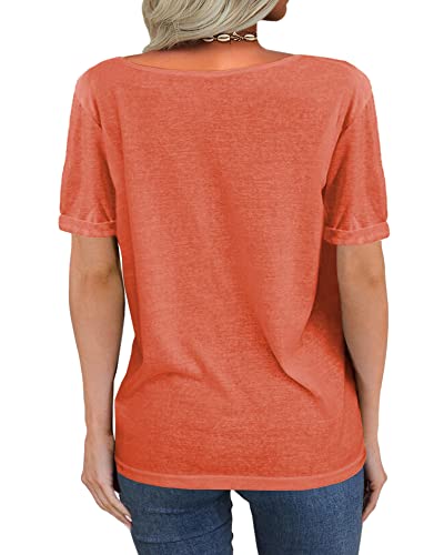 Danedvi Women Fashion Deep V-Neck Short Sleeve Tops Solid Casual Loose Basic T Shirt Orange #TOP1