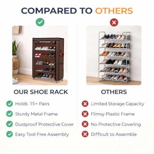 Image of Metal Shoe Stand with Cover, 5 Tier Shoe Organizer for Home & Office - Brown