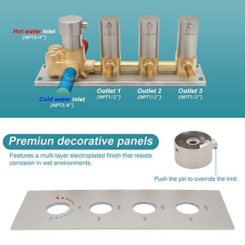 3 Way Shower Diverter Valve, 3 Outlets Multi Function Thermostatic Shower Brass Valve Can Run Simultaneously, Brushed Nickel #TOP2