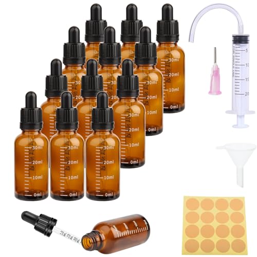 Lot de 12 flacons compte-gouttes en verre marron avec pipette graduée - 30 ml - 5 outils pour huiles essentielles, parfumées, aromathérapie, buses, liquides