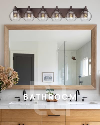 Image of 6-Light Bathroom Vanity Light, Oil Rubbed Bronze, Clear Globe Glass | 38.5 inch ORB vanity light for 48-60 inches mirrors, clear globe glass shades, E26 base, hardwired, up /down mount, VL195-ORB-6