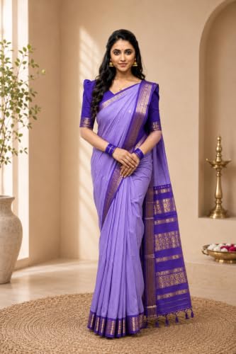 Image of Pure Kalyani Cotton Saree | Zari Border & Blouse Piece - Lata Gadwal Design | Traditional Saree