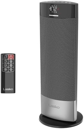 Lasko Ellipse Ceramic Tower Heater for Home with Tipover Switch, Child Lock, Digital Display, Thermostat, Wide Oscillation, Remote, Timer, For Bedroom, Office, Living Room, Den, 1500W, Black, CT18950