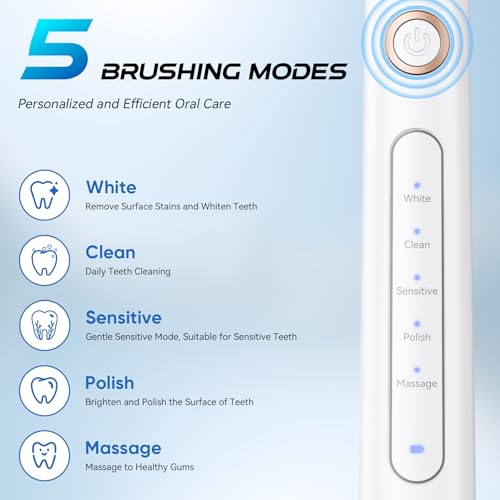 Image of YUNCHI Electric Toothbrush for Adults, Sonic Toothbrush, Rechargeable Electric Toothbrush with 8 Brush Heads,5 Modes & 2 Minutes Smart Timer,Waterproof,330 Battery Days, White