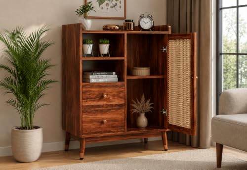 Image of Space Galaxy Solid Sheesham Wood Chest of Drawer with Cane Rattan Front | 2 Drawer Wooden Cupboard & Open Shelf Organizer | Tall Storage Furniture for Bedroom, Living Room & Home | Honey Oak Finish
