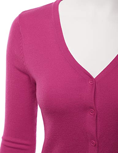 EIMIN Women's 3/4 Sleeve V-Neck Button Down Stretch Knit Cardigan Sweater Magenta S - Thumbnail 2