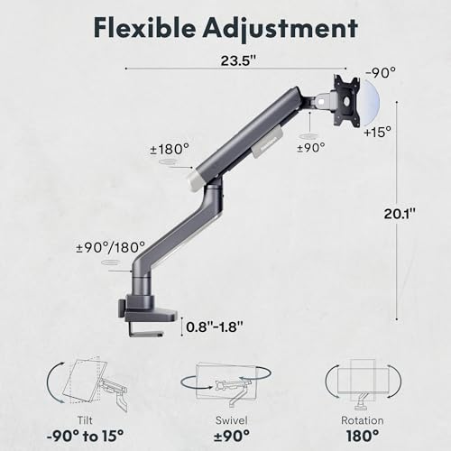 Image of FlexiSpot Single Monitor Arm, Premium Aluminum Monitor Desk Mount Fits Screen up to 39 Inches, Fully Adjustable Monitor Stand with C-Clamp & Grommet Base, Holds 6.61 to 26.46 lbs, Gun Gray