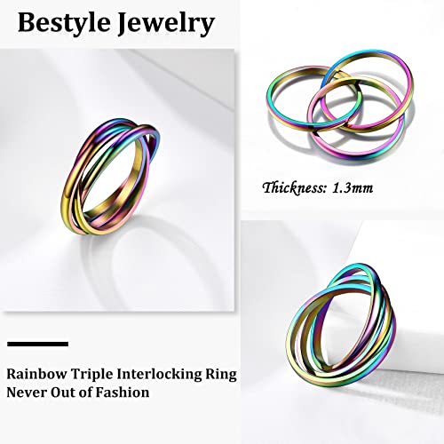 Bestyle BTR27024C-05 Rainbow Triple Interlocking Ring Promise Engagement Rings For Women, Minimalist Love Ring Jewelry Gifts On Anniversary/Engagement/Valentine'S Day thumb #4