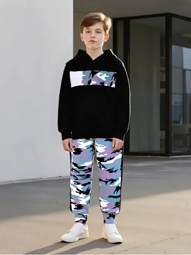 Image of 2-6T Toddler Baby Boy Clothes Long Sleeve Hooded Pullover Colorblock Sweatshirt + Pants 2pcs Fall Winter Outfit Set