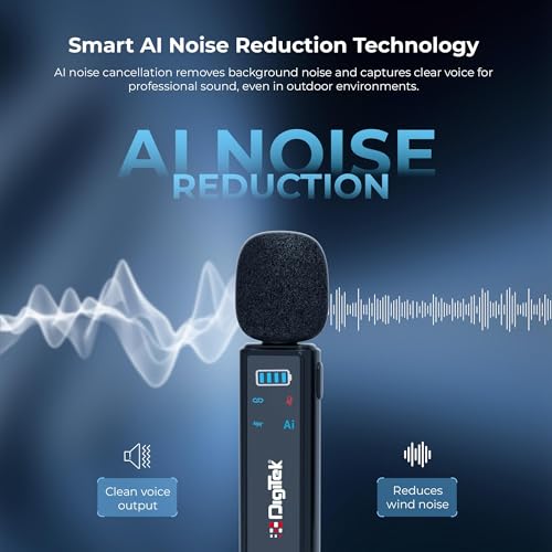 Image of Digitek DWM-021 Wireless Clip-On Microphone with AI Noise Cancellation | Dual Mic (2 Transmitters, 1 Receiver) | 2.4GHz Low Latency, 40m Range | Type-C & Lightning