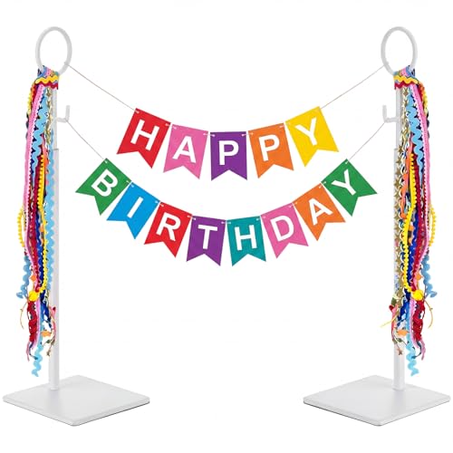 Yalikop 2 Pack Adjustable Banner Stand Height 16 to 24 Inch Tabletop Sign Holder Metal Desktop Flag Hanger with Stable Base for Birthday Wedding Graduation Party Event Decorations (White)