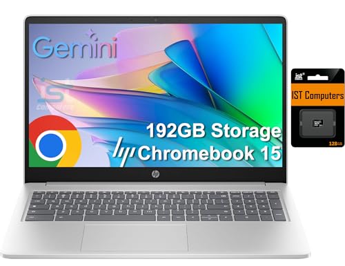 HP Chromebook 15 Laptop (15.6' Anti-Glare, Intel N200, 8GB DDR5 RAM, 192GB Storage (64GB eMMC + 128GB SD), 4-Core( i3-1115G4), Numeric KB) Home & Student, Webcam w/Shutter, Wi-Fi, Chrome OS, Silver