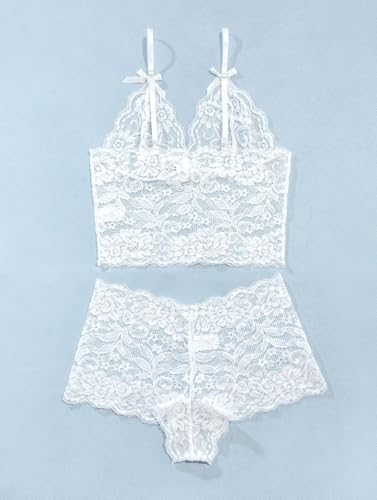 Image of Lilosy Sexy Sheer Floral Lace Pajamas Lingerie Set High Waist Sleepwear Bra and Panty 2 Piece Nightwear