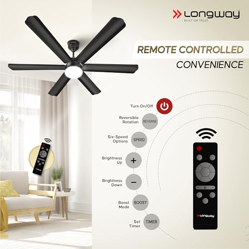 Image of LONGWAY Luminair 1200 mm BLDC Ceiling Fan with Remote Control & LED Light|BEE 5 Star Rated Energy Efficient|Ultra High Speed 6 Blade Anti-Dust Decorative|5 Years Warranty (Smoked Brown, Pack of 1)