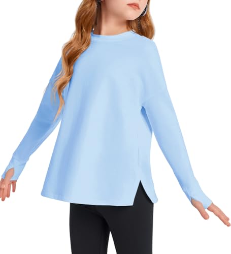 Haloumoning Girls Athletic Shirts Long Sleeve Active Quick Dry Tops Kids Gym Yoga Tees with Thumb Holes 5-14 Years, Light Blue, 13-14 Years