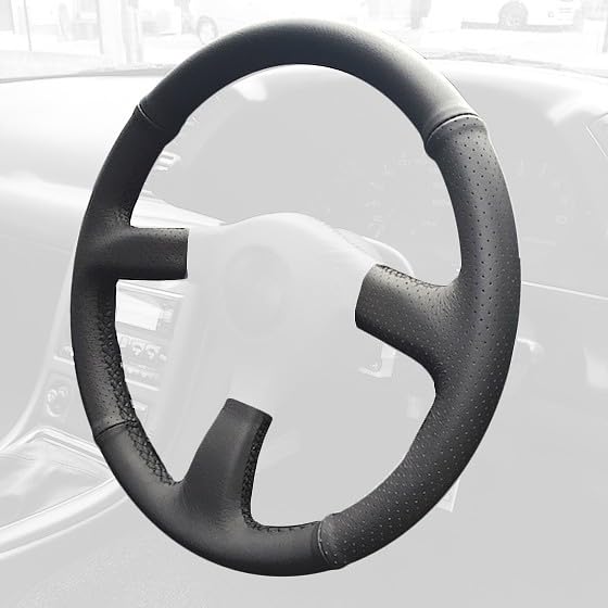 RedlineGoods Steering Wheel Cover Compatible with Nissan Skyline R32 1989-93. Tailor Made - not Universal. Genuine top-Grade Italian Black Leather with Red Thread