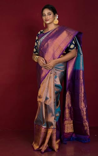 Bengal looms India Weaves of Elegance blue gadwal silk saree – image 5