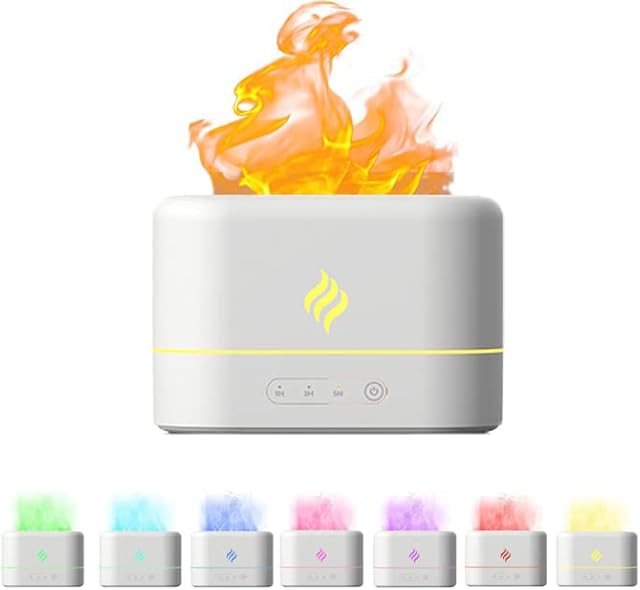 Flame Humidifier Diffuser, 250ml Portable Quiet Essential Oil Diffuser Air Humidifier 7 Colors Night Light& Auto Shut Off for Home Bedroom Office (White)