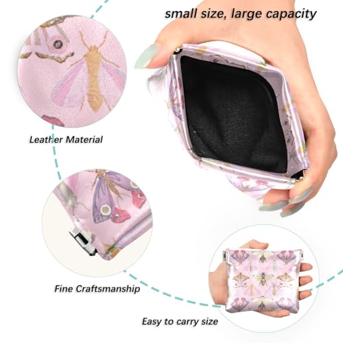 Cartoon Moths Pink Coin Purse Leather Pouch Change Purse, Squeeze Coin Pouch for Cards, Keys & Lipsticks, Unisex2