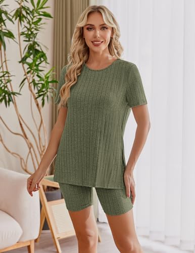Ekouaer Maternity Sets 2 Piece Outfits Ribbed Knit Short Sleeve Shirts and Biker Shorts Pregnancy Loungewear Mama Clothes4