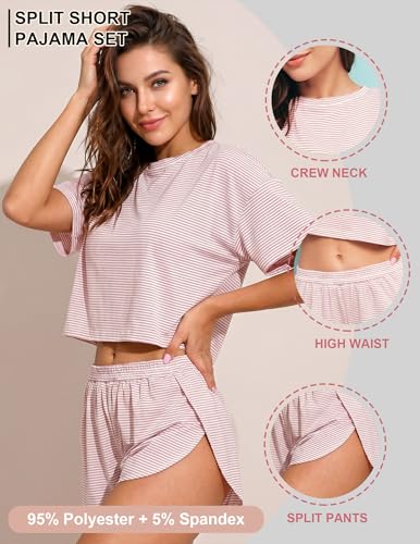 Image of Split Short Pajama Set Women's Striped Pjs with Sleeve Tee & Elastic Waist | Split-Leg Shorts Design, Soft Striped 2-Piece Lounge Set, Breathable Comfy, Travel, or Cozy Days At Home, Summer Vibes