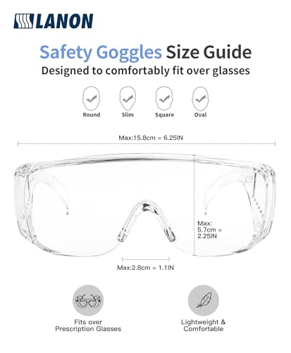 LANON 3 Pack Safety Glasses Over Eyeglasses,ANSI Z87.1 Standard,Anti-Fog & Scratch,Peripheral Protection, High Transmission,Anti-UV,Wrap Around Clear Safety Goggles
