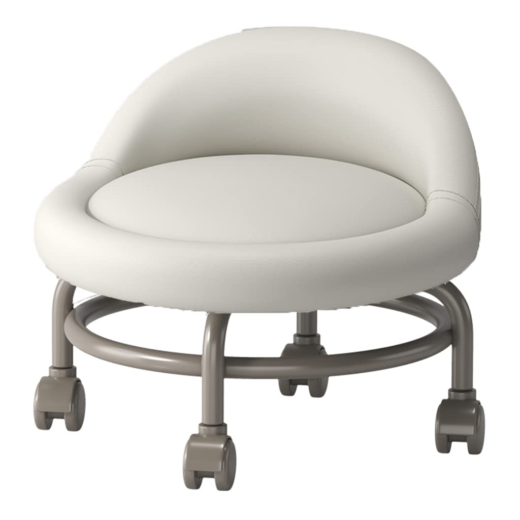 LMMIAOZ Rolling Stool with Back Support and Swivel Wheels for Mobility Short Ottoman Footstool with PU Leather Seat White Color