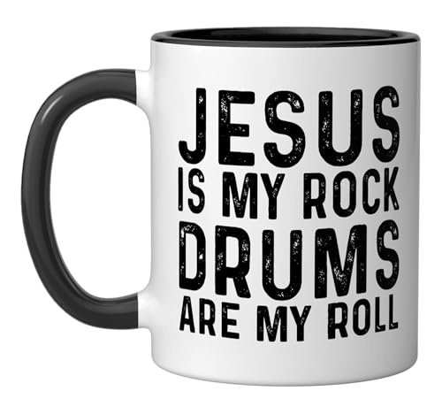 Jesus Is My Rock Drums Are My Roll Christian Drummer Ceramic Mug, Black/White