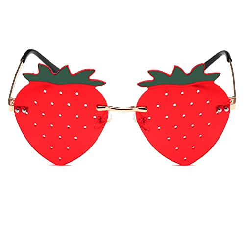 JOVAKIT Strawberry Shaped Sunglasses for Women Men Vintage New Rimless Sun Glasses Retro Rave Party Halloween Eyeglasses (Gold/Red)3