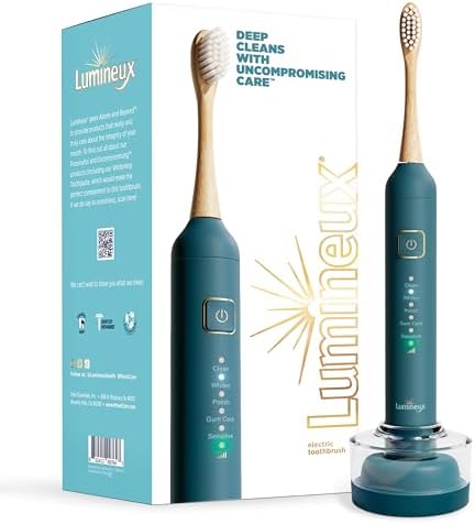 Lumineux Electric Toothbrush for Adults – Bamboo Heads -Deep Ocean (Blue)- Includes 2 Super Soft Bristle Bamboo Tooth Brush Heads, Charging Station & USB Charge Cord – Rechargeable