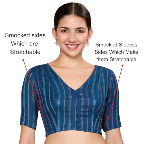 Image of Studio Shringaar Women's Blue Cotton Handloom Stretchable (Smocked) Readymade Saree Blouse