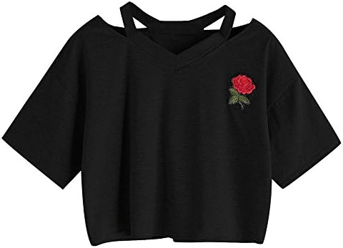 BCDshop Women Teen Girls Embroidery Rose Crop Top Tees Short Sleeve V Neck T-Shirt
