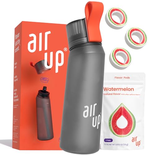 bottle Charcoal Grey + 3 Watermelon pods | Sugar free flavor pods & Water bottles with straw | Flavored water bottle 22 ounce