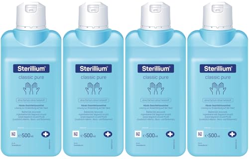 Sterillium Classic Pure Händedesinfektionsmittel, farbstoff- und parfümfrei, für hygienische Händedesinfektion, 4 x 500 ml