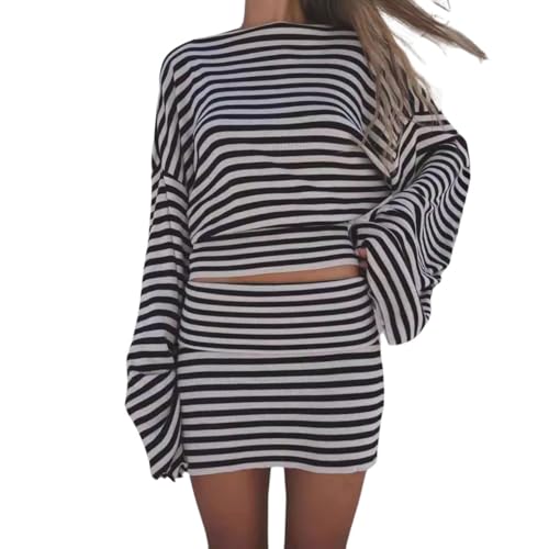 chouyatou Women's Striped 2 Piece Outfits Bell Long Sleeve Sweater Crop Top and Package Hip Knit Mini Skirt Sets