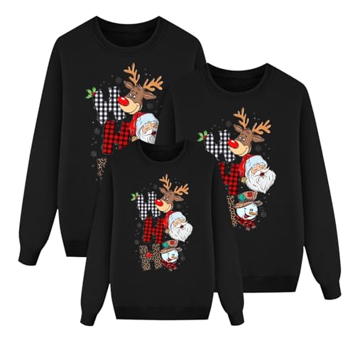 2025 Jersey navideño familiar para mujer, hombre y niño, divertido jersey navideño de cuello redondo, unisex, jersey navideño en pareja, disfraz navideño feo, conjunto de sudaderas de Navidad, negro