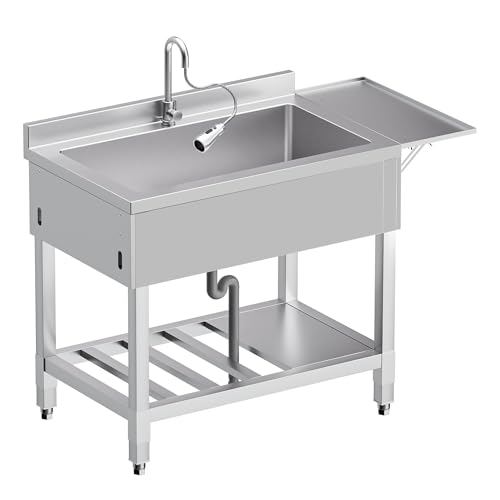 Image of Foldable Stainless Steel Utility Sink, Freestanding Laundry Sink | Foldable Side Table, Space-Saving Design, Deep Single Bowl, Durable Stainless Steel for Laundry Room, Garage and Outdoor Use