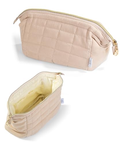 Ms. pen- Aesthetic Quilted Makeup Bag for Women, Beige, Puffy Padded Cute Makeup Bag Cute, Cosmetic Pouch, Quilted Pouch