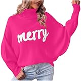 Christmas Sweaters for Women Turtleneck Merry Christmas Sweaters Long Batwing Sleeve Xmas Knitted Pullover Tops Hot Pink