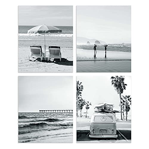 Coastal Wall Art Beach Pictures Home Decor Set of 4 Chic Black White California Scenes Artwork Retro Car Beach Chair Poster Prints Unframed 8x10 inch