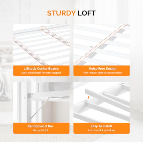 Image of VINGLI Loft Bed Queen Size with Charging Station and LED Lights,Safety Guardrail and Stair for Teens /Adults, No Box Spring Needed, Heavy Duty Metal Support Slat, White