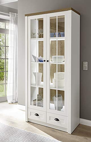 Beauty.Scouts Vitrine Tesorino I Holznachbildung Pinie Weiss Applikationen Eiche hell 90x198x43cm Highboard Standvitrine Glastür Schrank Beleuchtung optional Beleuchtung ohne Beleuchtung