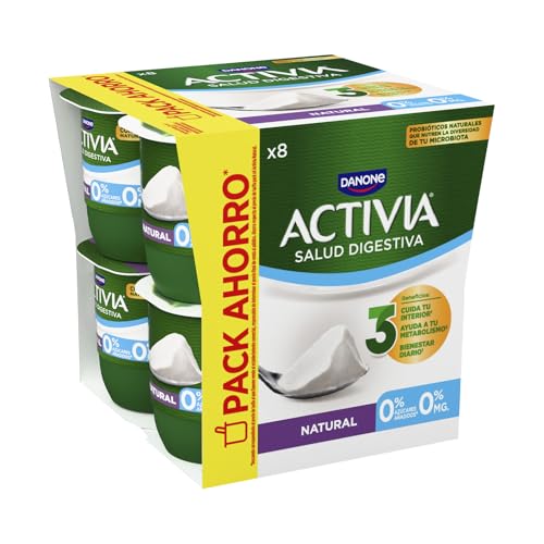Activia Yogur Natural -Probióticos y con 0% azúcares - Pack: 8x120g
