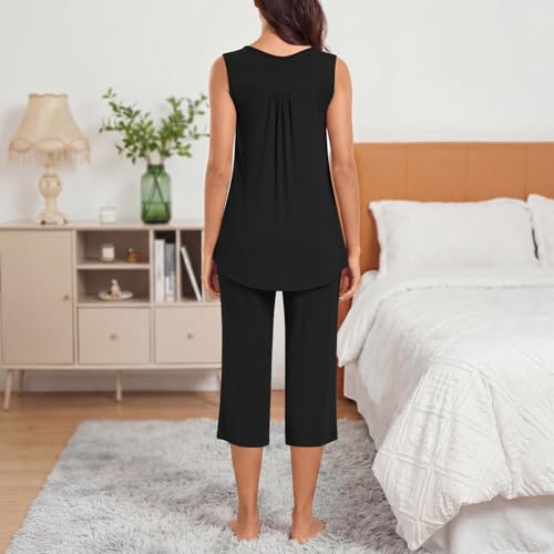 Image of Bestbee Women's Sleeveless Pajama Sets 2 Piece Sleepwear Summer Lounge Outfits Henley Tanks Capri Pants Ladies Pjs