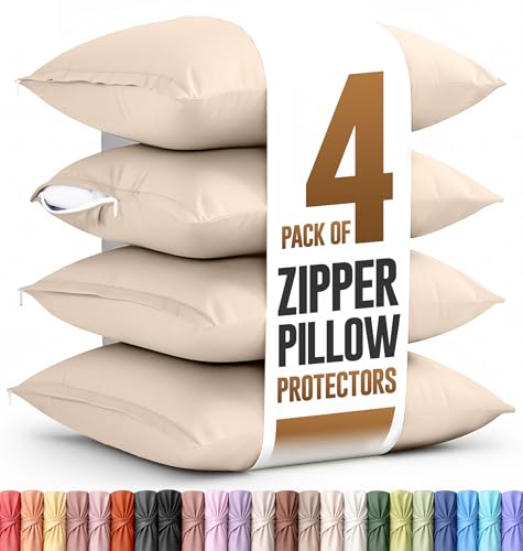 Utopia Bedding 4 Pack Pillow Protectors with Zipper Queen Size Soft Brushed Microfiber Fabric Pillow Cases Shrinkage and Fade Resistant Pillow Covers (Beige)