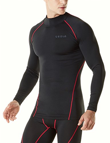 TSLA Men's Thermal Long Sleeve Compression Shirts, Mock/Turtleneck Winter Sports Running Base Layer Top, Thermal Mock Neck(yut32) - Black & Red, Medium