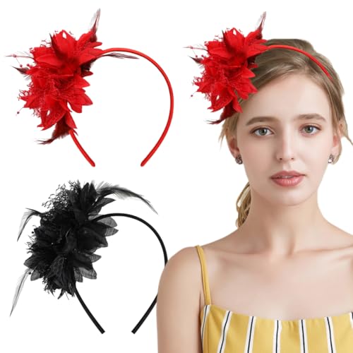 2 Pezzi Copricapo Piumato di Fiori Artificiali, Cerchietto Nero e Rosso con Piume, Retrò Accessori per capelli per Cocktail Nozze Festa del Tè Decorazione